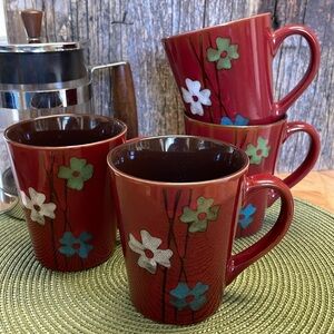 STOKES | Reactive Flowers | Stoneware | Burgundy | Set of Four |Coffee/Tea |Mugs